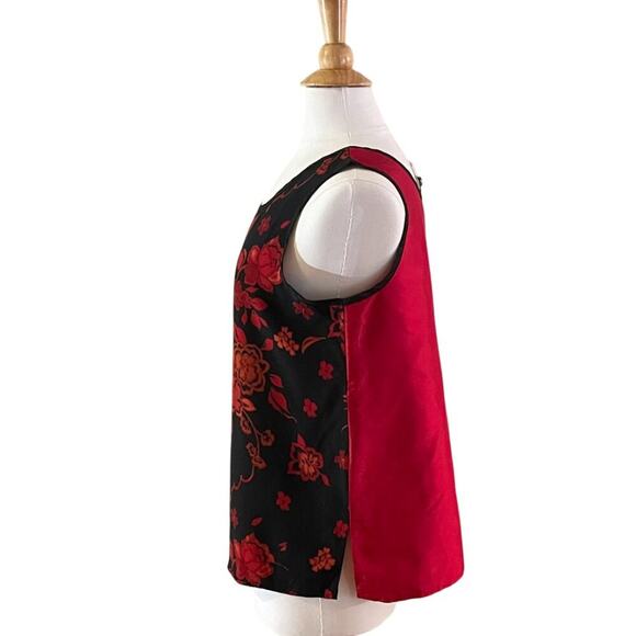 Vintage Koos of Course! Red & Black Floral Silk Tank Top/ Sleeveless Blouse, L - Picture 4 of 11